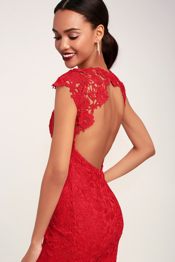 Chic Red Lace Dress - Backless Lace ...